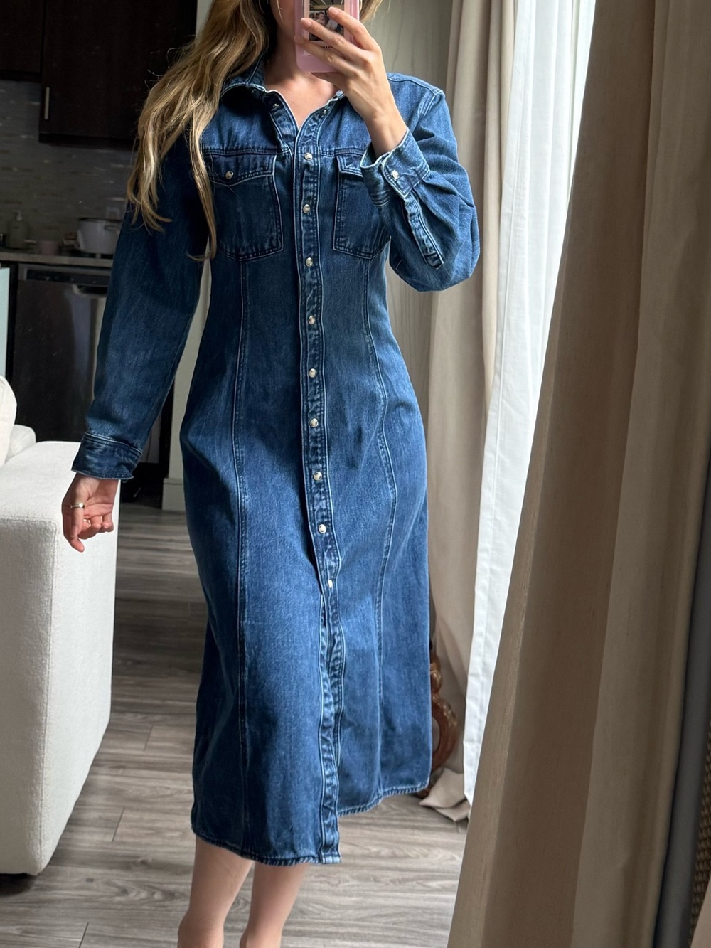 90s  Dark Wash Denim Midi Dress XS | Western Cowgirl Minimalist